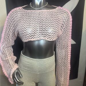 Urban Outfitters Pink Open-Knit Cropped Half Sweater